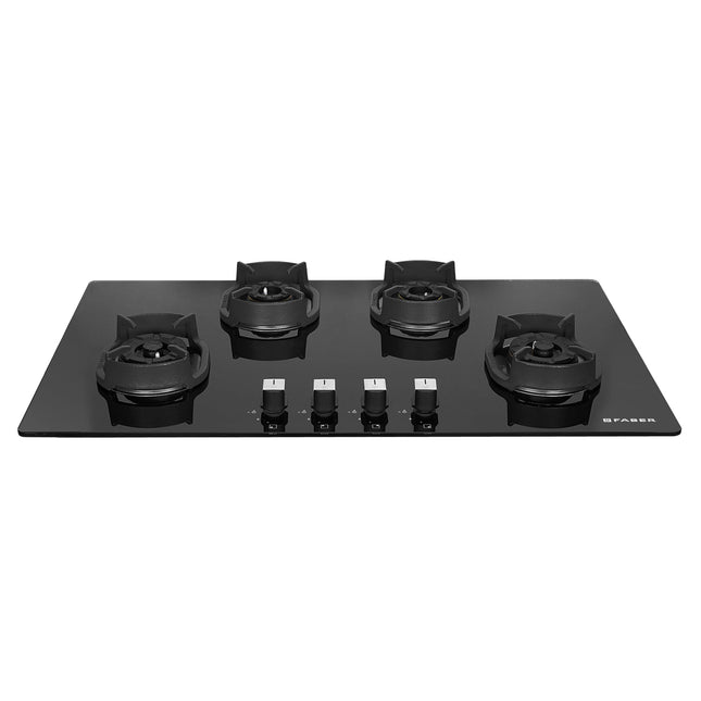 Faber 4 Burner 90cm Eros Hob |Auto-Ignition|Metal Knobs| Cast Iron Pan Support |Hob/Cooktop Hybrid| Black Glass Finish |5 Yrs Warranty on Glass & Valve,2 Yrs on Burner by Faber|Hob Eros IND 904 CI AI 