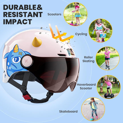 Proberos® Kids Bike Helmet 3D Cartoon, Adjustable Chin Strap, Cushioned Lining, Safety Helmet for Boys & Girls Ages 4-15, Removable Ear Pads, Anti-Glare Visor for Bike & Scooter 