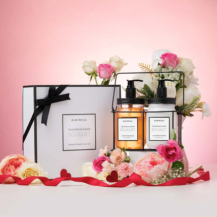 Kimirica Bouquet Hand wash Hand Lotion Duo set with Metal Caddy | Goodness of Frangipani and Rose, 100% Vegan & Paraben Free | Long Lasting fragrance | Luxury Gift set | Gift hamper | Premium Packaging (500ml x 2) 