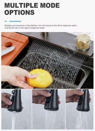 Kitchen Sink 35 Inch - SS 304 Grade Modular Kitchen Sink With Waterfall Pull Down Faucet | Single Bowl With RO-Water Purifier Tap | Fruit Basket & All Accessories (Black, Dustbin 35 X 18 X 9 Inch)