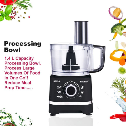 INALSA Food Processor for Kitchen with 800 W Copper Motor|1.4 L Main Bowl Capacity |2 Speed Setting with Pulse Function|7 Accessories| chopping| kneading| shredding|Child Lock Safety (Black)-Easy Prep 