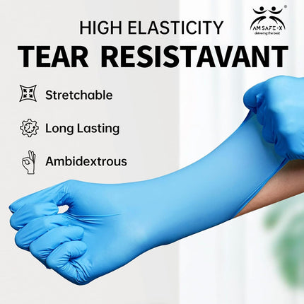 AM SAFE-X Nitrile Gloves Powder-Free, Blue (Medium) -100 Pieces 
