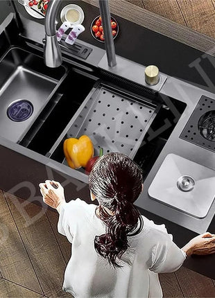 Kitchen Sink 35 Inch - SS 304 Grade Modular Kitchen Sink With Waterfall Pull Down Faucet | Single Bowl With RO-Water Purifier Tap | Fruit Basket & All Accessories (Black, Dustbin 35 X 18 X 9 Inch)