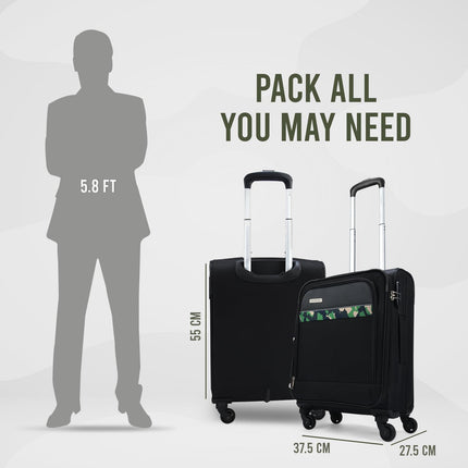 Aristocrat Commander 55Cms Premium Polyester with PVC Coating Softshell Sided Cabin Size 4 Wheels Small Black Inline Suitcase, Medium 