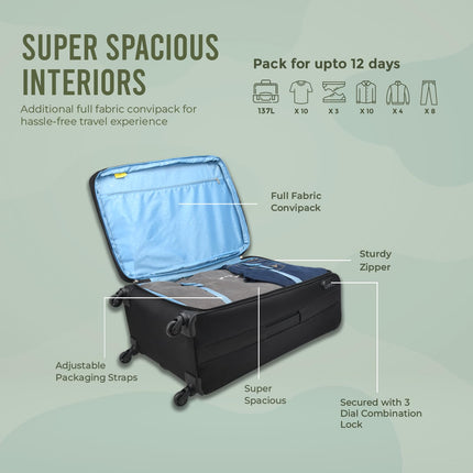 Aristocrat Commander 79Cms Premium Polyester with PVC Coating Soft Sided Check-in 4 Wheels Large Black Spinner Suitcase 