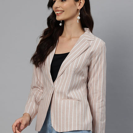 Cottinfab Women Beige & White Striped Long Sleeves Single-Breasted Pure Cotton Casual Blazer 