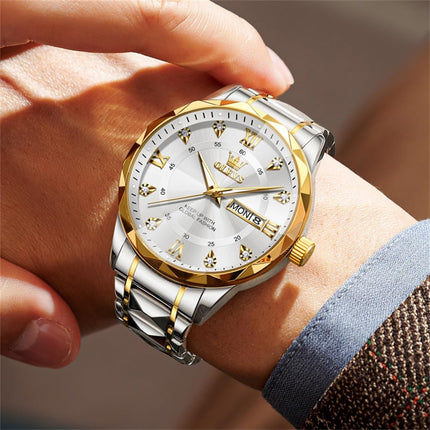 OLEVS Watches for Men Diamond Date Day Calendar White Wrist Watches Quartz Analog Stainless Steel Business Two Tone Waterproof Luminous Men Watch 