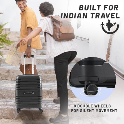 Aristocrat Harbour Cabin Trolley Bag 55 cm | Small | Polypropylene Hardshell Sided Luggage | Smooth 8-Wheel Suitcase | Combination Lock with Sturdy Zipper| 7-Year Warranty - Unisex (Black) 