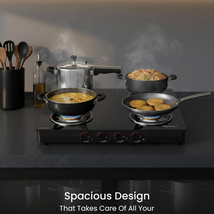 Sujata Standard Auto Ignition Gas Stove 4 Burners | 9 Years Warranty | 4 Burner Gas Stove Glass Top, Stove 4 Burner, ISI Certified, SABAF Valve, LPG & PNG Compatible, 360° Rotating Nozzle (Black) 