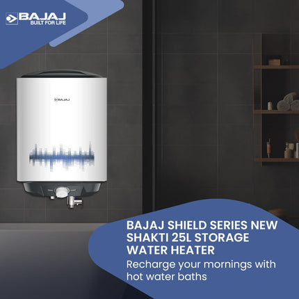 Bajaj Shield Series New Shakti 25L Vertical Storage Water Heater For Home| 5-Star Rated Geyser| Multiple Safety Systems| For High Rise Buildings| 10-Yr Tank 6-Yr Element 4-Yr Product Warranty 【White】 