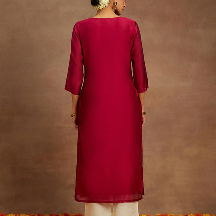 Libas Women's Chanderi Silk Embroidered Straight Kurta (58009_Hot Pink 