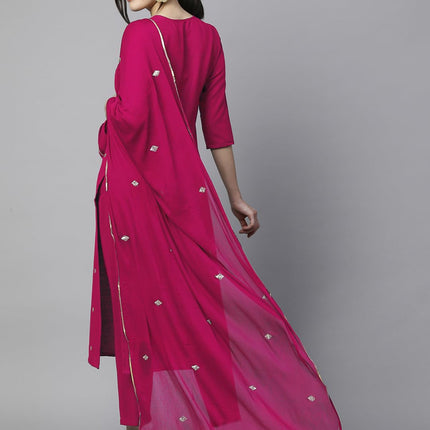 GoSriKi Women's Cotton Blend Embroidered Straight Kurta with Pant & Dupatta (Kasturi Pink-APL-GS_XL_Pink_X-Large) 