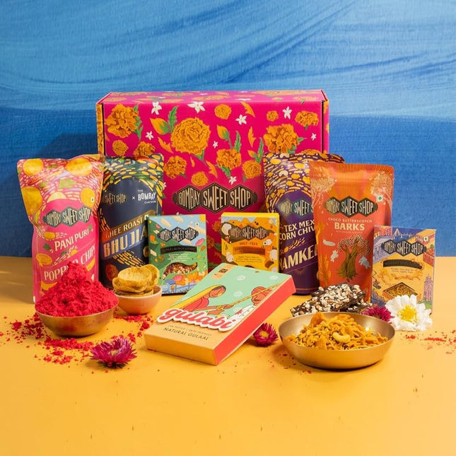 Bombay Sweet Shop Holi Gift Hampers | Holi Treat Box (8 Products) | Gourmet Gift Hamper | Chocolate, Namkeen Snacks| Gulaal Holi Colors | Gift for Men and Women | Healthy Snacks | Premium Gift Hamper 