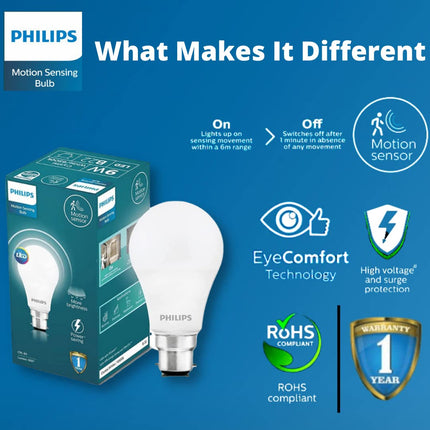 Philips Motion Sensor B22 LED Bulb | Motion Sensor Light for Home | Motion Sensor LED Bulb | Crystal White, Pack of 1 