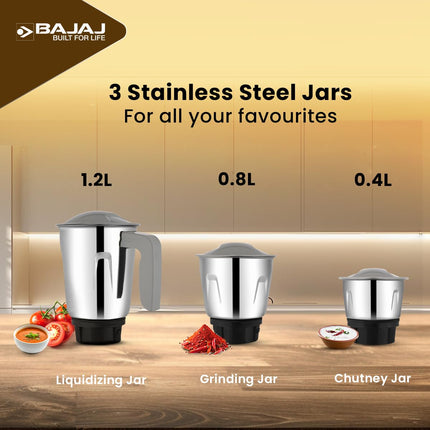 Bajaj Rex Ninja Series 4 Jar 500W Mixer Grinder | DuraCut Blades | 2-In-1 Function Blade In Dry Jar | 2 Yrs Warranty 【Black/Grey】 