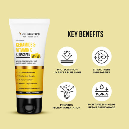 Dr. Sheth's Ceramide & Vitamin C Sunscreen | SPF 50+ Pa+++ | In-Vivo Tested | For Bright Skin & Healthy Glow | Non-Greasy, Quick-Absorbing, No White Cast | UVA/B & Bluelight Protection | For Men & Women | For All Skin Type | 30 g 
