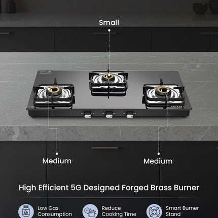 Sujata Classic Auto Ignition Gas Stove | 9 Years Warranty | 3 Burner Gas Stove Glass Top, Stove 3 Burner, SABAF, ISI Certified, LPG & PNG Compatible, Jumbo Brass Burner (Black) 