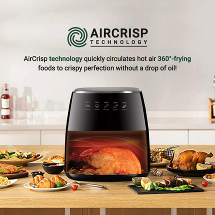 INALSA Air Fryer for Home|5.5 liter Capacity|Visible Window & Internal Light|1600 W with Smart AirCrisp Technology|6-In-1 Appliance With 8 Preset Menu & Digital Display (Tasty fry DW5.5)Black 