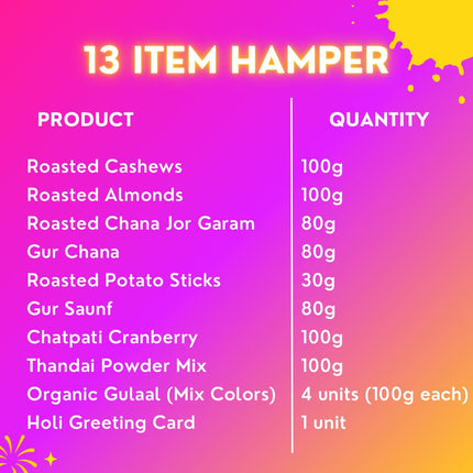 Healthy Treat Grand Holi Gift Hamper | Holi Gift with Roasted Dry Fruits, Healthy Snacks, Thandai Mix, Herbal Gulal & Holi Card | Holi Gifts | Holi Thandai & Herbal Gulal Gift Box | Holi Gifts For Family and Friends | Wholesome Corporate Gifting 