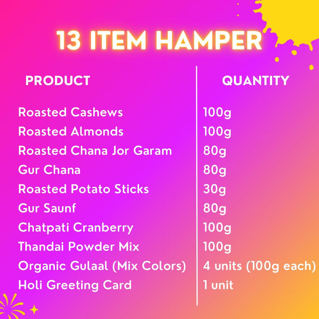 Healthy Treat Grand Holi Gift Hamper | Holi Gift with Roasted Dry Fruits, Healthy Snacks, Thandai Mix, Herbal Gulal & Holi Card | Holi Gifts | Holi Thandai & Herbal Gulal Gift Box | Holi Gifts For Family and Friends | Wholesome Corporate Gifting 