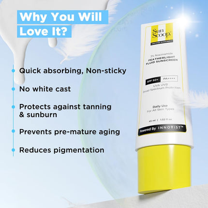 SunScoop 3% Niacinamide Fluid Sunscreen | Ultra-Light Texture | SPF 50+ PA++++| Fast Absorption, Prevents Tanning & Sunburn | Reduces pigmentation | All SkinTypes | 45ml 