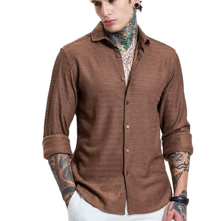 SNITCH Men Casual Shirt | Slim Fit Full Sleeve Classic Collar Textured Design | Premium Polyester Blend & Comfortable Fabric Semi-Formal Events ||Rich Earthy Brown 