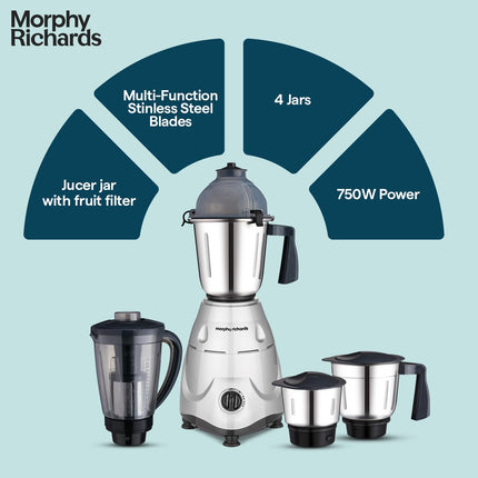 Morphy Richards Icon Superb 750 Watts Mixer Grinder| 4 Stainless Steel Mixer Jars including Juicer Jar| 3-Speed Control with Pulse Effect| 1-Yr Warranty by Brand| Silver & Black 