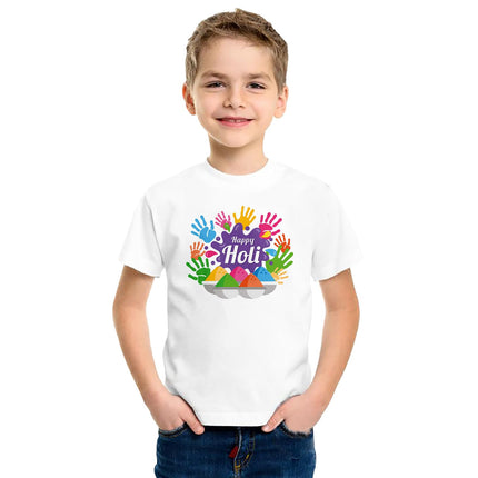 Pinox Colourful New Hand Holi T-Shirt Happy Holi Printed Round Neck & Half Sleeve White Dry-Fit Regular T-Shirt for Kids, Men, Women Holi Couple T-Shirts (in, Age, 2 Years, 3 Years, Regular, White) 