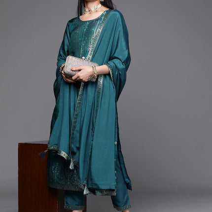 Libas Women's Silk Blend Kurta Sets (33343O_Teal 