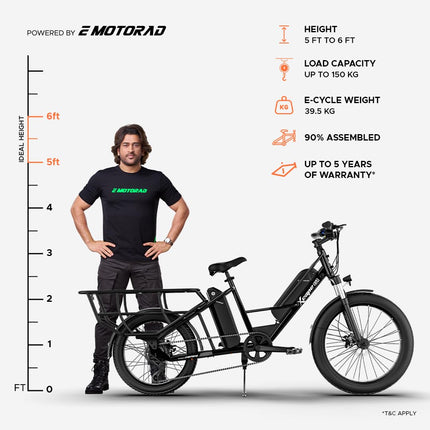Xcape G1 Cargo Electric Cycle with Dual 48V 10.2Ah Removable Batteries | 250W Motor | Up to 100 km Range | Heavy-Duty Longtail Frame | Front Suspension | 90% Assembled | Powered by EMotorad (Black) 