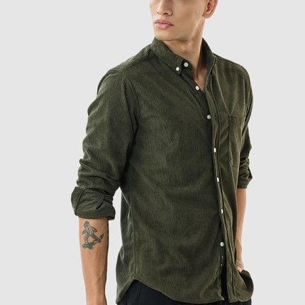 SNITCH Men's Casual Shirt | Slim Fit Long Sleeve Button Down Collar Solid Pattern | 100% Polyester Textured Fabric, Machine Washable | Olive Green 