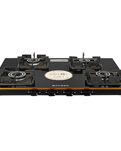 Faber Stylish 4 Brass Burners 69cm Sleek Cooktop |Manual Ignition|MS Powder Coated Pan Support|Black Glass Finish|5 Yrs Warranty Glass & Burners|2 Yrs Comprehensive & Valve| Cooktop Prince Plus 4BB BK 