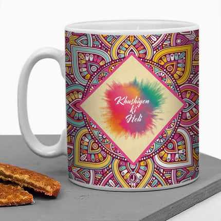 Jhingalala Khushiyon Ki Holi Printed Mug with Coaster Combo Gift Pack | Holi Gift Pack, Holi Gift Items, Holi Printed Mugs, Holi Gift for Girls, Mug and Coaster Set, Holi Gift for Friends, Holi Gifts 