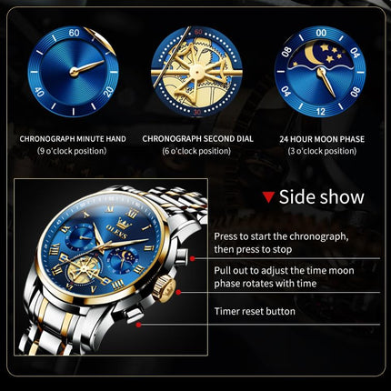 OLEVS chronograph Men's Stainless Steel Watch (Blue Dial Silver Colored Strap) 