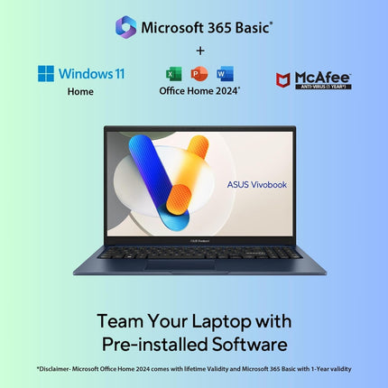 ASUS Vivobook 15, Smartchoice, AMD Ryzen 7 5825U, 16GB RAM, 512GB SSD, FHD 15.6", Windows 11, Office Home 2024, Quiet Blue, 1.7Kg, M1502YA-BQ703WS, AMD Radeon iGPU, M365 Basic (1Year)*, 42Whr Laptop 
