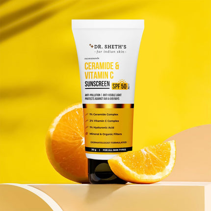Dr. Sheth's Ceramide & Vitamin C Sunscreen | SPF 50+ Pa+++ | In-Vivo Tested | For Bright Skin & Healthy Glow | Non-Greasy, Quick-Absorbing, No White Cast | UVA/B & Bluelight Protection | For Men & Women | For All Skin Type | 30 g 
