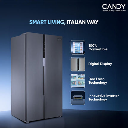 Candy 602 L Frost Free Side by Side Refrigerator with 100% Convertible Technology, Digital Control Panel and Magic Convertible Cooling 2-door (Shiny Steel, CSS6600TS) 