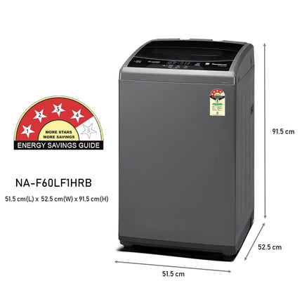 Panasonic 6 Kg 4 Star Fully-Automatic Top Load Washing Machine ( NA-F60LF1HRB, Grey, Durable Metal Body, 8 Wash Program, Aquabeat wash technology, One touch smart wash) 