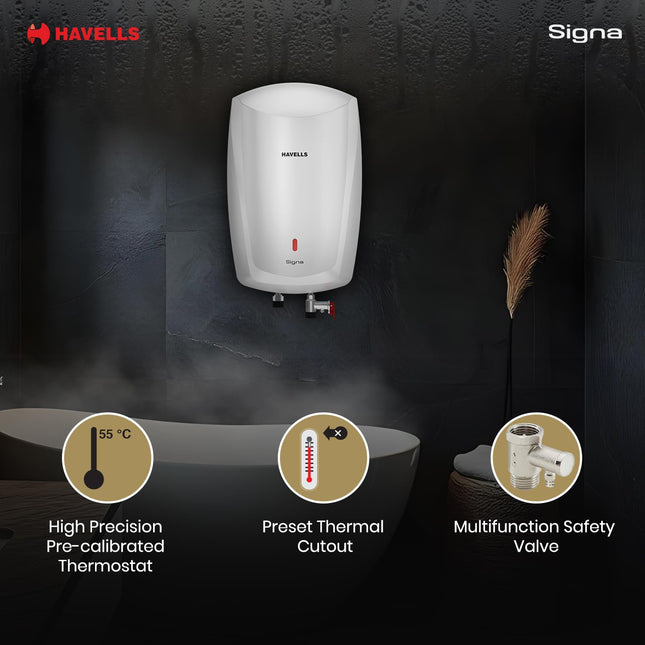 Havells Signa 5 Litre Instant Water Heater(Geyser)| Twin LED Indicator| Rust and Shock Proof Body| ISI Marked| Fire Retardant Power Cord| Warranty: 5 year on inner tank & 2 year comprehensive (White) 