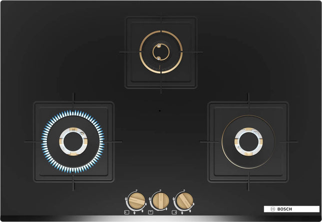 Bosch Built in Gas Hob Black Tempered glass Glass 3 Burner Auto Ignition 75 cm Full Brass 3D Ring Burners with Matt Black Heat Shields & Cast Iron pan supports (PND7B6G20I) 