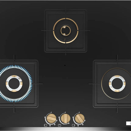 Bosch Built in Gas Hob Black Tempered glass Glass 3 Burner Auto Ignition 75 cm Full Brass 3D Ring Burners with Matt Black Heat Shields & Cast Iron pan supports (PND7B6G20I) 