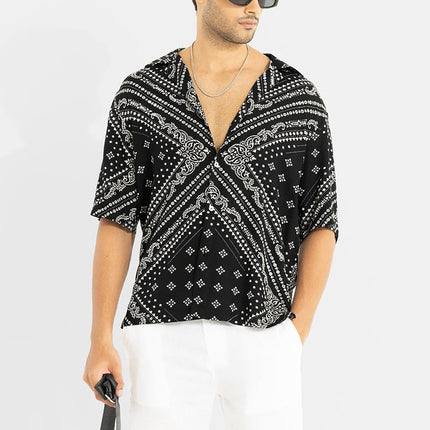 SNITCH Men Casual Shirt | Oversized Fit Half Sleeve Cuban Collar Geometric Print | Premium Rayon Fabric & Smooth Texture for Casual Wear & College Wear |Jet Black, M 