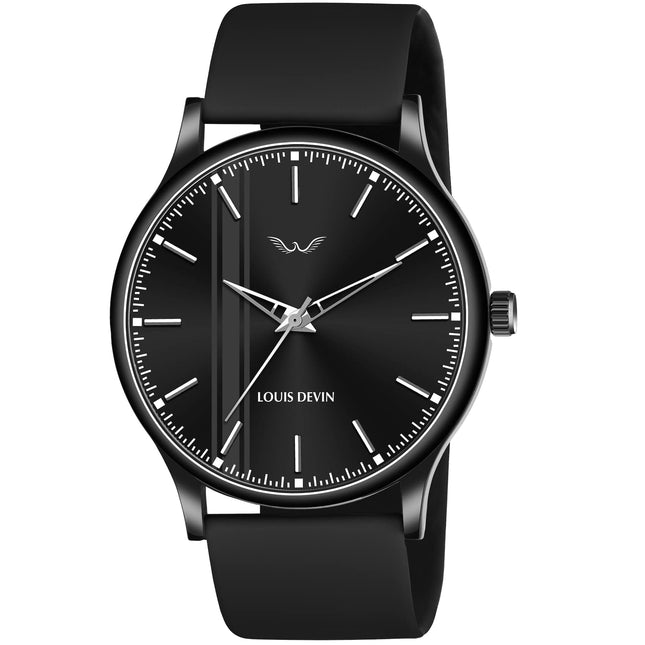 LOUIS DEVIN Black Silicone Strap Analog Wrist Watch for Men (Black Dial) | LD-BK054-BLACK 