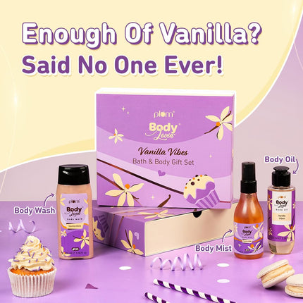 Plum BodyLovin' Vanilla Vibes Bath & Body Gift Set | Body Wash | Body Mist | Body Oil | Long-Lasting Warm Vanilla Fragrance | Gift Set For Women | Gifting For Birthday, Valentine's, Anniversary, Rakhi & Special Occasions| Premium Gift Packaging | Pack Of 