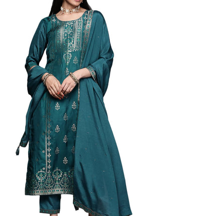 Libas Women's Silk Blend Kurta Sets (33343O_Teal 