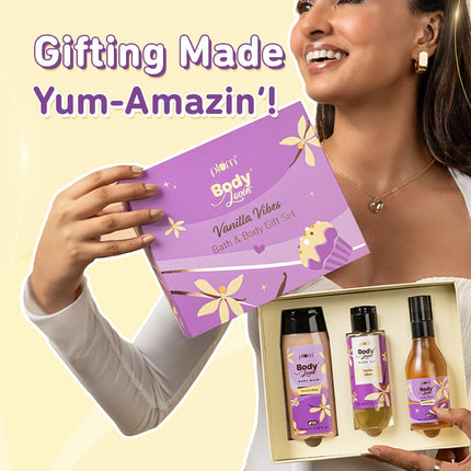 Plum BodyLovin' Vanilla Vibes Bath & Body Gift Set | Body Wash | Body Mist | Body Oil | Long-Lasting Warm Vanilla Fragrance | Gift Set For Women | Gifting For Birthday, Valentine's, Anniversary, Rakhi & Special Occasions| Premium Gift Packaging | Pack Of 