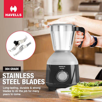 Havells MIXWELL 500 W 3 Jar Mixer Grinder, 304 SS Blades I High Speed 21000 RPM Motor, Heavy and Wider mouth SS Jars, All Jars with Handle (Black and Grey) 