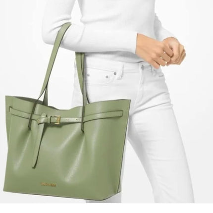 Michael Kors Emilia Large Triple Compartment Shoulder Bag Leather Tote Light Sage, Light Sage, Large 