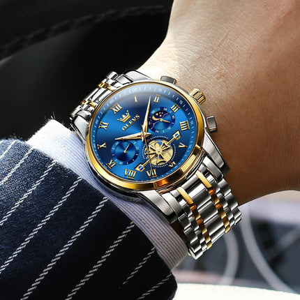 OLEVS Watches for Men Chronograph Business Blue Wrist Watches Analog Quartz Moon Phase Stainless Steel Waterproof Luminous Dress Watches 