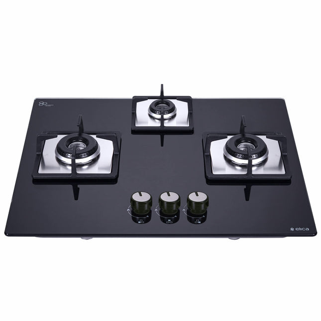 Elica Hob 3 Burner Auto Ignition Built-In Hob or Hobtop| Sabaf Italian Burners | Toughened Glass Top | 5 Yrs Warranty on Glass & Valves | 2 Yrs Comprehensive | Flexi Hct 360 Dx Lotus Bk, Black 